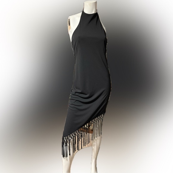 Black Market black halter asymmetric fringe hem lined party evening dress size 6 - Picture 11 of 11